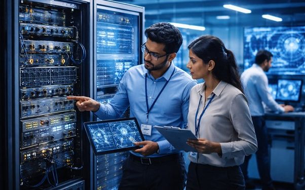 Telecom engineers reviewing advanced 5G and 6G network infrastructure equipment in a research facility